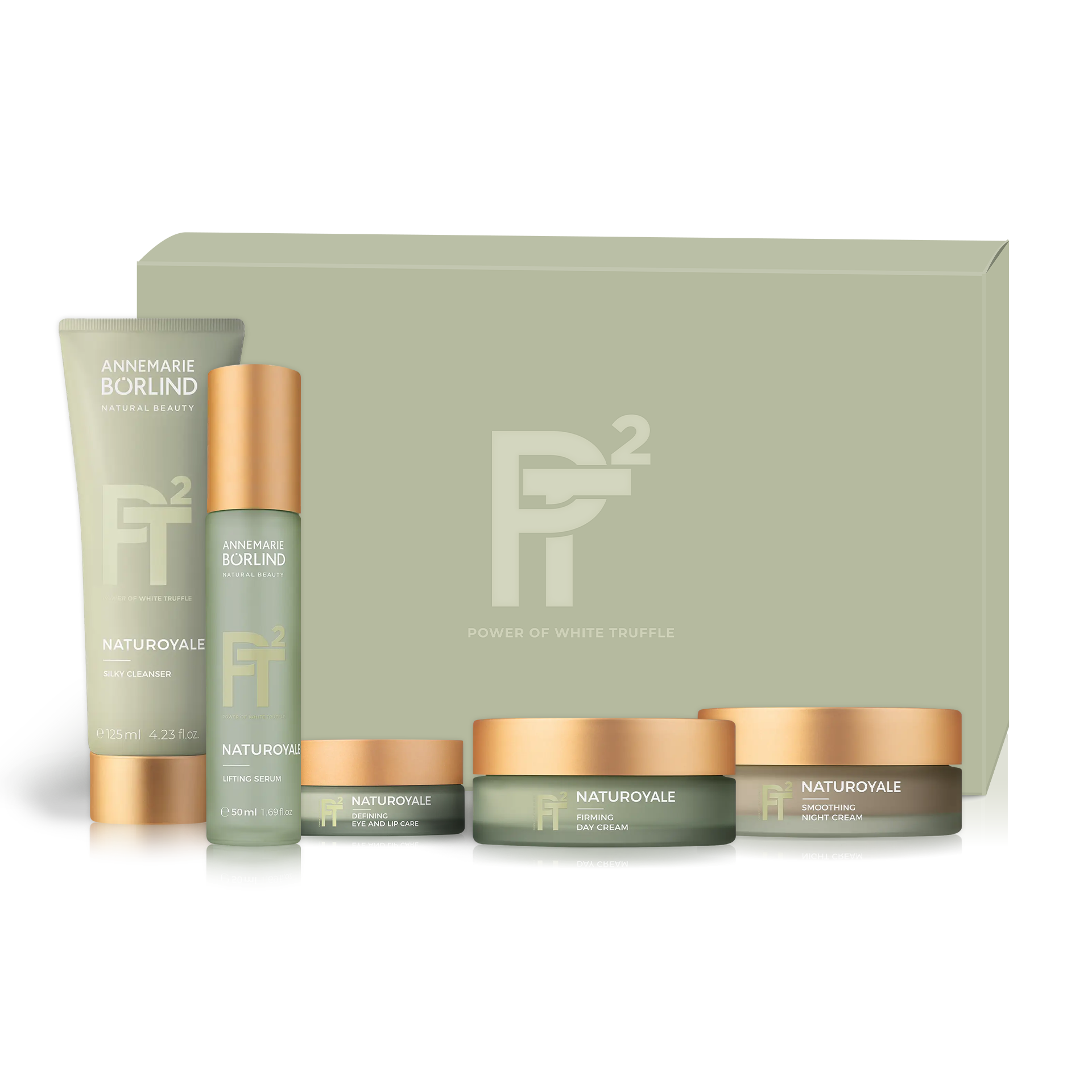 ANNEMARIE BÖRLIND NATUROYALE Reinigung, Serum, Augenpflege, Tages- und Nachtcreme in grünen Verpackungen vor grüner Box mit PT² Logo