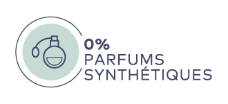 Symbol einer Parfümflasche mit Text "0% PARFUMS SYNTHÉTIQUES" in dunkelblauer Schrift auf hellblauem Kreis