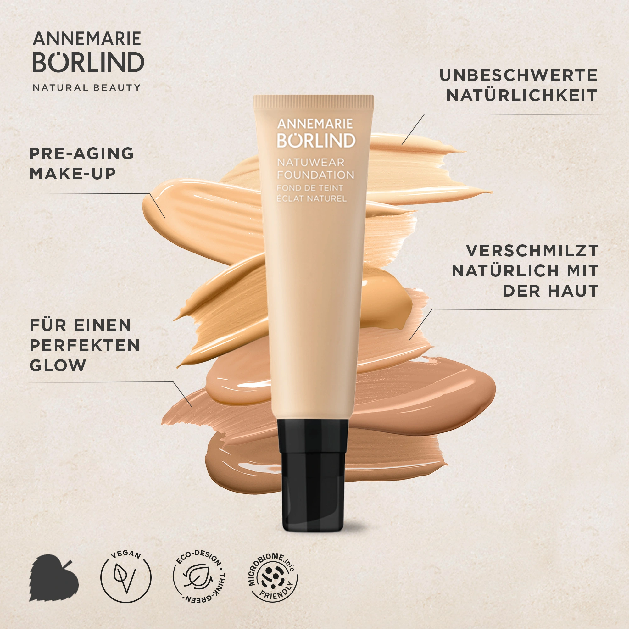 ANNEMARIE BÖRLIND NATUWEAR FOUNDATION mit natürlichem Glow, vegan, mikrobiomfreundlich, verschiedene Farbtöne