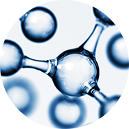 Molekülstruktur mit verbundenen Kugeln, symbolisiert Hyaluronsäure-Moleküle in blauer Farbgebung