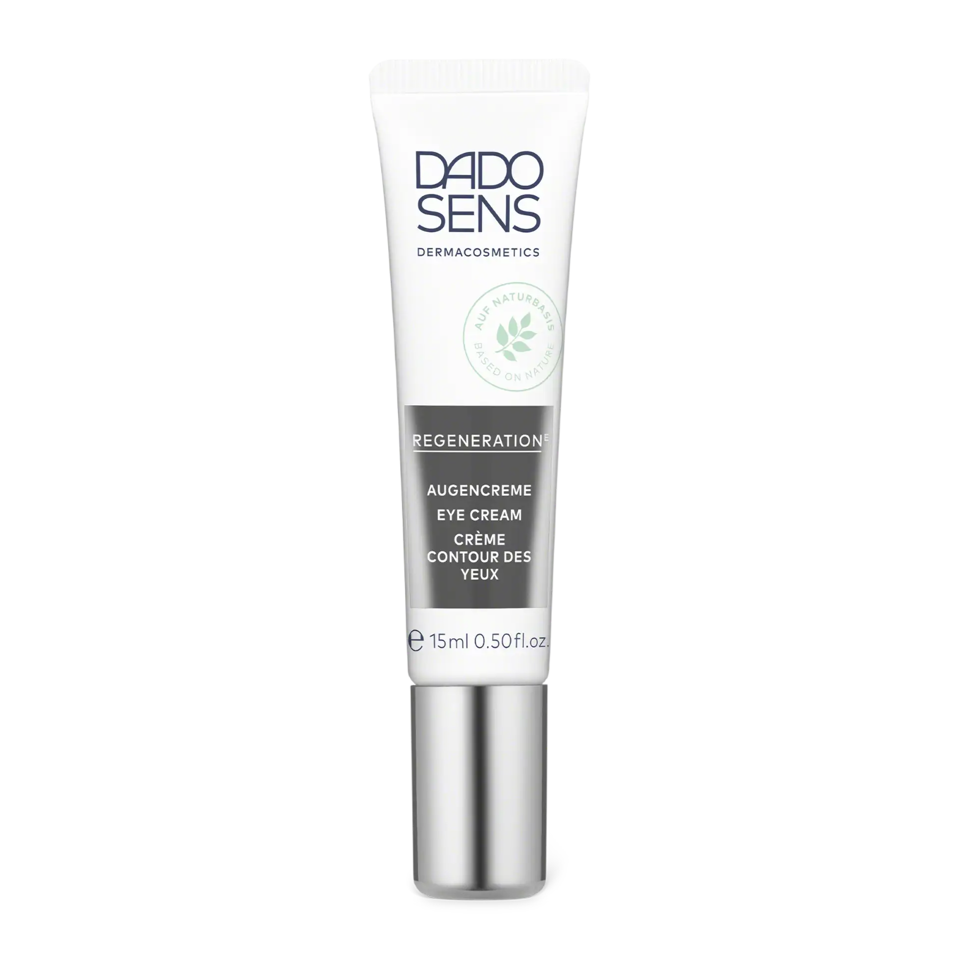 AUGENCREME DADO SENS REGENERATION Augencreme in 15-ml-Tube mit silbernem Verschluss, Naturbasis-Siegel sichtbar