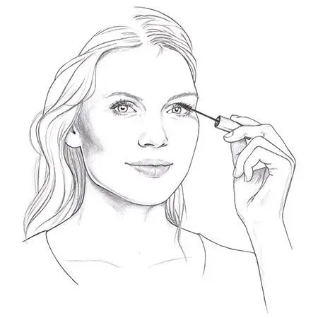 Make-up empfindliche Haut Schwarz-weiße Zeichnung einer Frau, die sich Mascara auf die oberen Wimpern aufträgt – Schritt-für-Schritt-Anleitung für sanftes Augen-Make-up bei empfindlicher Haut.