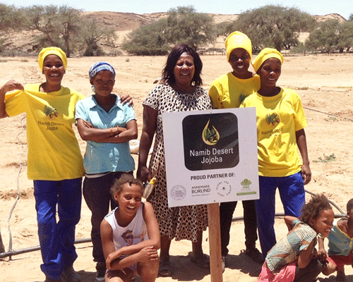 Gruppe von Frauen und Kindern in der Wüste mit Schild „Namib Desert Jojoba“ und gelben T-Shirts