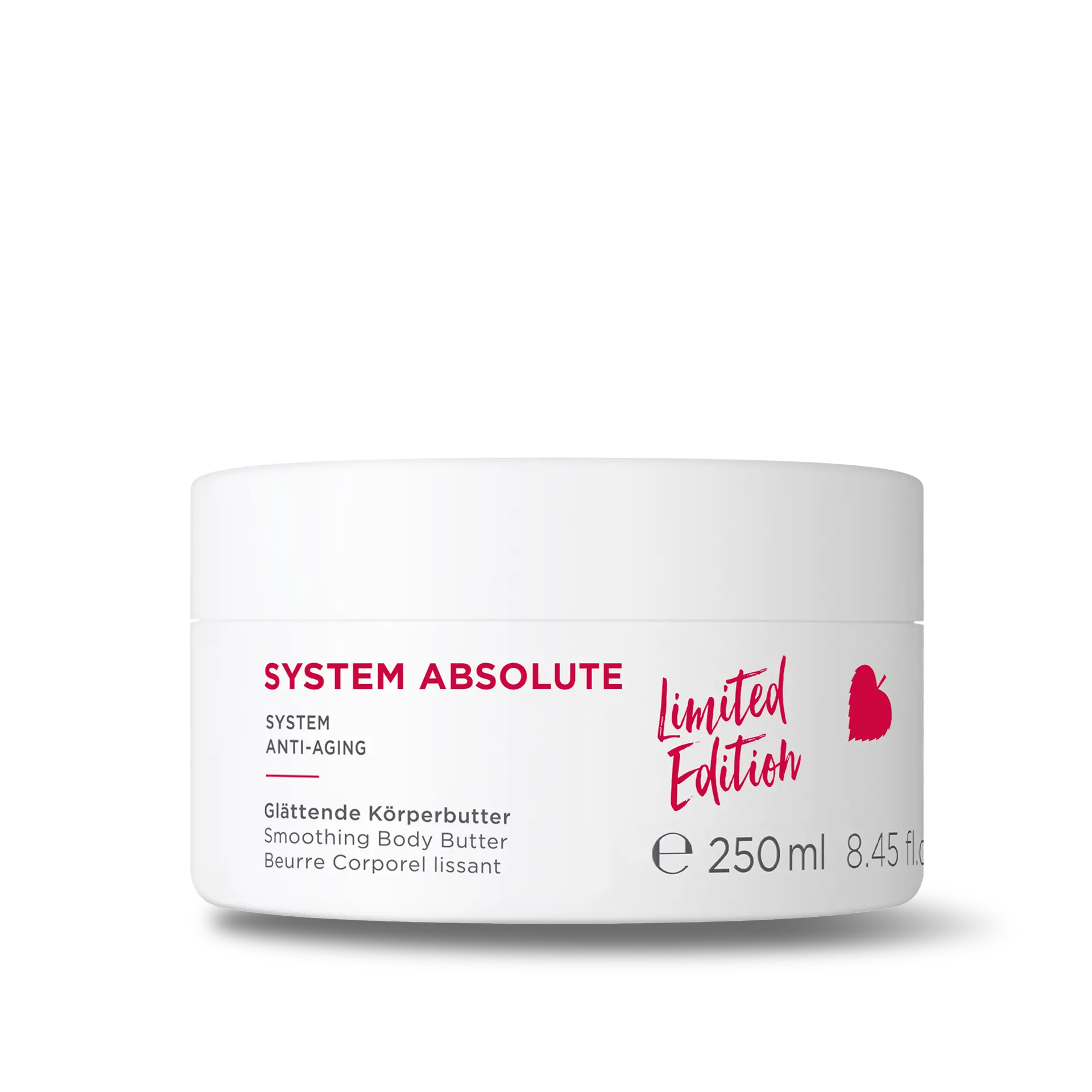 Glättende Körperbutter SYSTEM ABSOLUTE glättende Körperbutter Limited Edition im 250-ml-Tiegel auf reflektierender Oberfläche