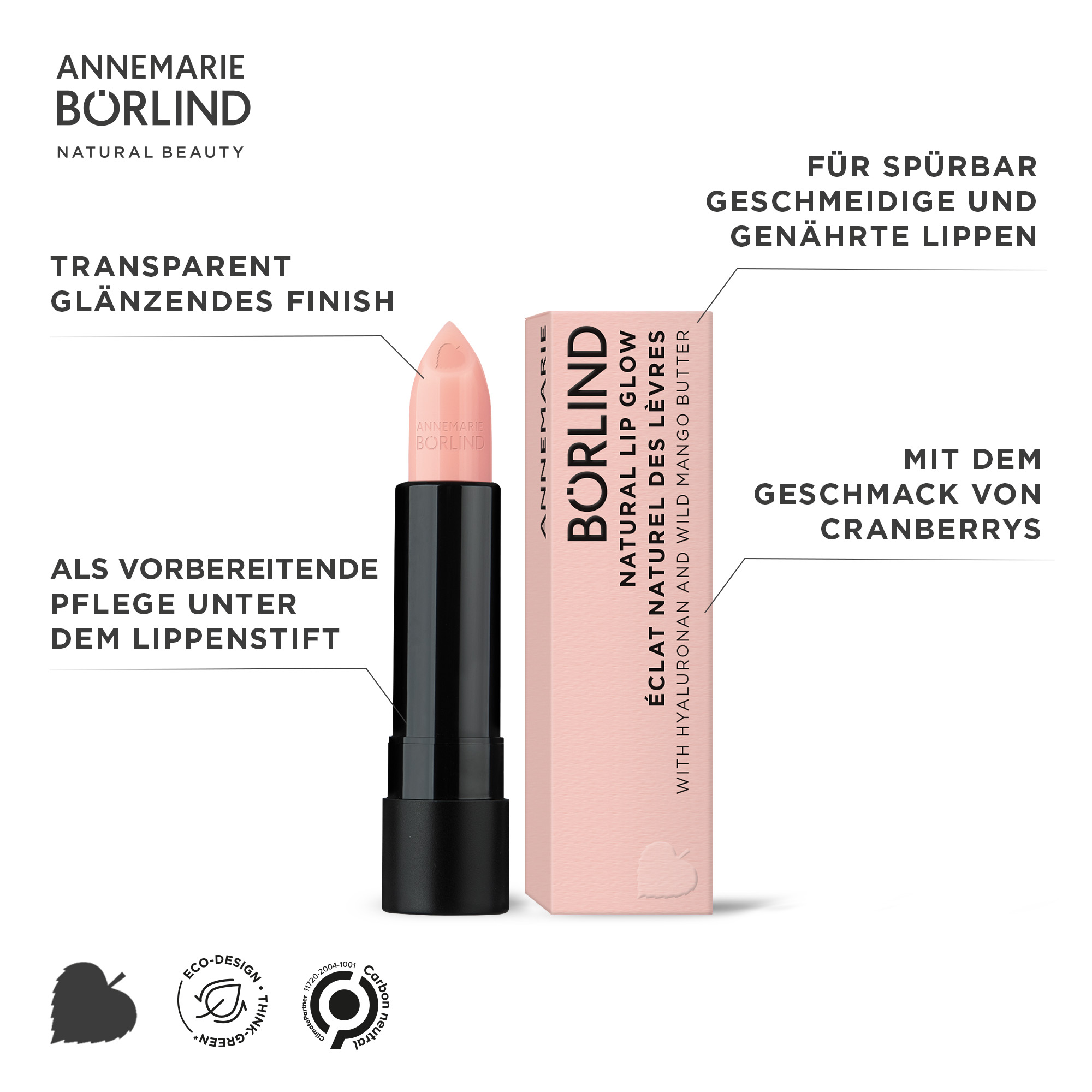 ANNEMARIE BÖRLIND Natural Lip Glow Lippenpflege mit transparentem Glanz und Cranberry-Geschmack