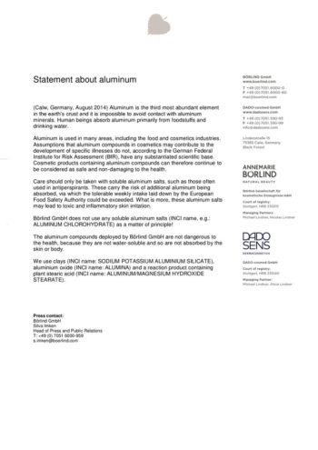 Textseite mit Informationen zu Aluminium, Logos von ANNEMARIE BÖRLIND und DADO SENS, Kontaktangaben und rechtlichen Hinweisen