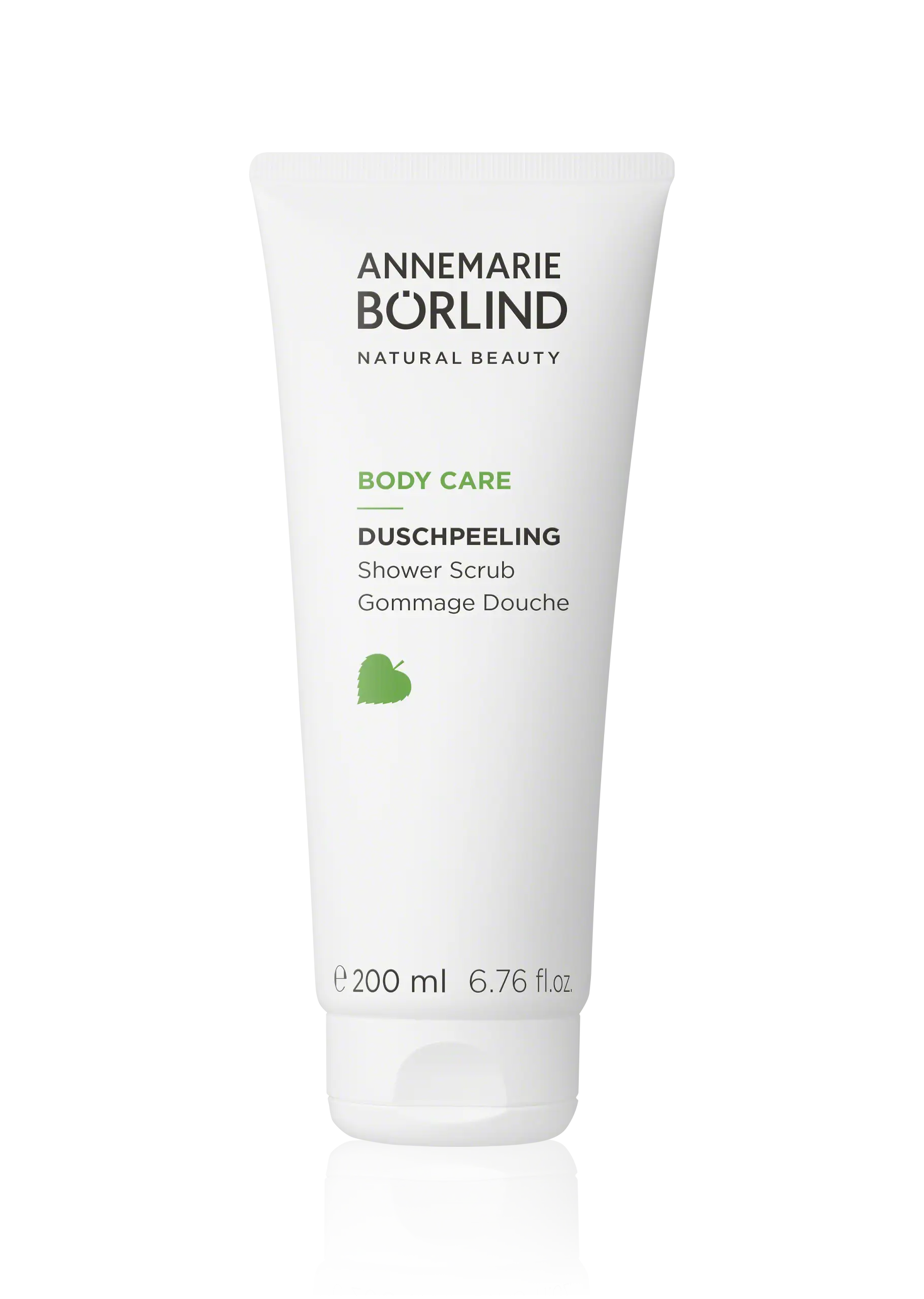 Shower Scrub ANNEMARIE BÖRLIND Body Care Duschpeeling in 200-ml-Tube mit grünem Blattsymbol auf weißem Hintergrund