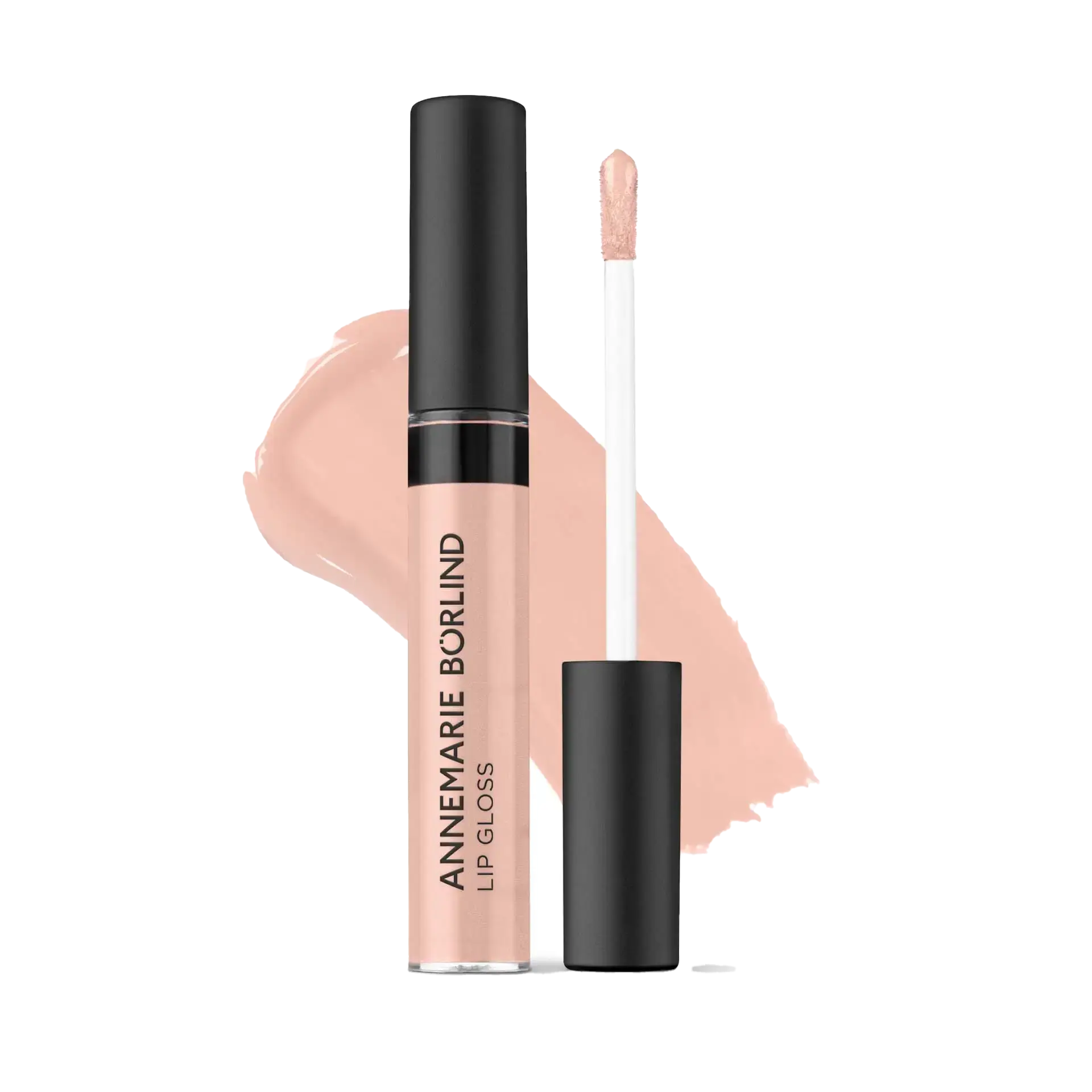 BRILLANT À LÈVRES NUDE ANNEMARIE BÖRLIND Lip Gloss in Nude mit Applikator und Farbswatch im Hintergrund