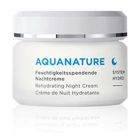 AQUANATURE feuchtigkeitsspendende Nachtcreme im weißen Tiegel mit blauem Schriftzug und System Hydro Logo