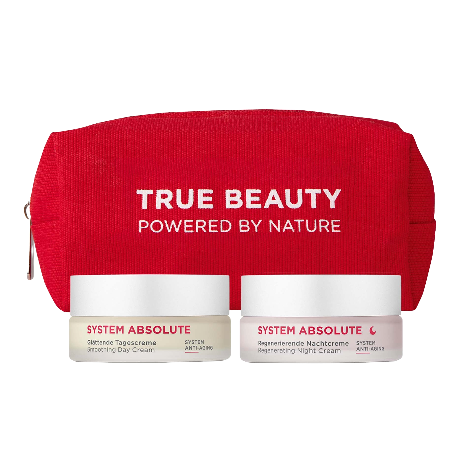 ANNEMARIE BÖRLIND SYSTEM ABSOLUTE Set mit Mini Tages- & Nachtcreme Light vor hochwertiger Kosmetiktasche in rot.