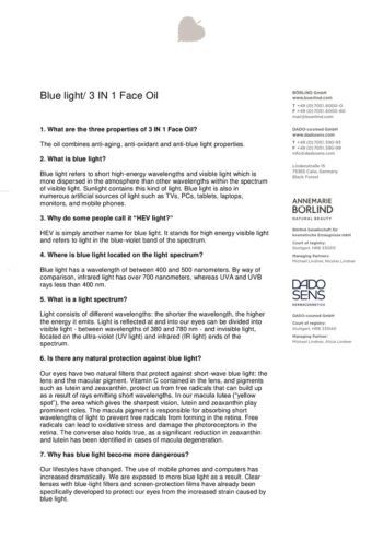 Textseite mit FAQ zu ANNEMARIE BÖRLIND Blue Light 3 IN 1 Face Oil, erklärt Wirkung und Schutz vor blauem Licht