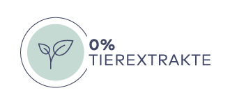 Kreis mit zwei Blättern und Schriftzug „0 % TIEREXTRAKTE“ in lila und grün auf weißem Hintergrund