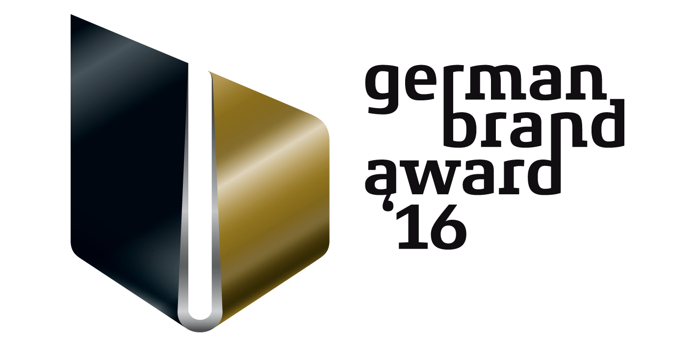 Logo des German Brand Award 2016 mit schwarzem und goldenem stilisiertem Buchstaben G