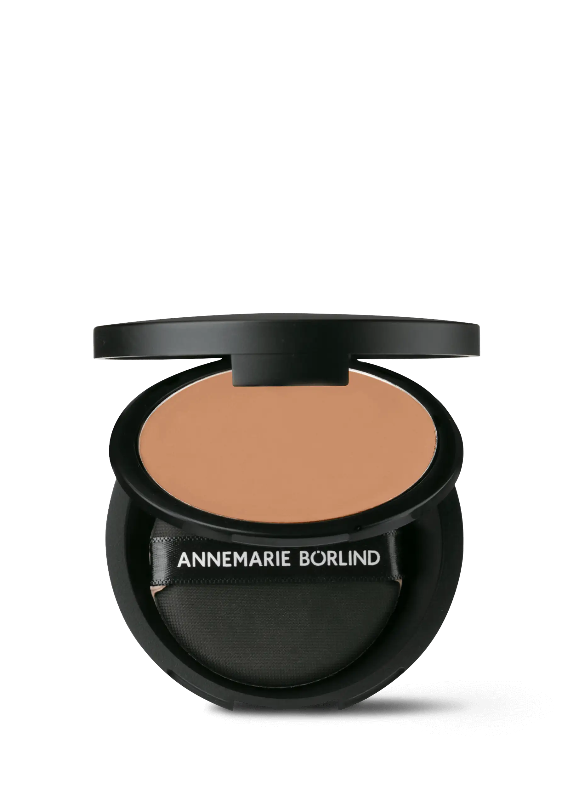 ANNEMARIE BÖRLIND Compact Make-up in Mandel, 10g, schwarze Dose mit Applikator und offenem Deckel