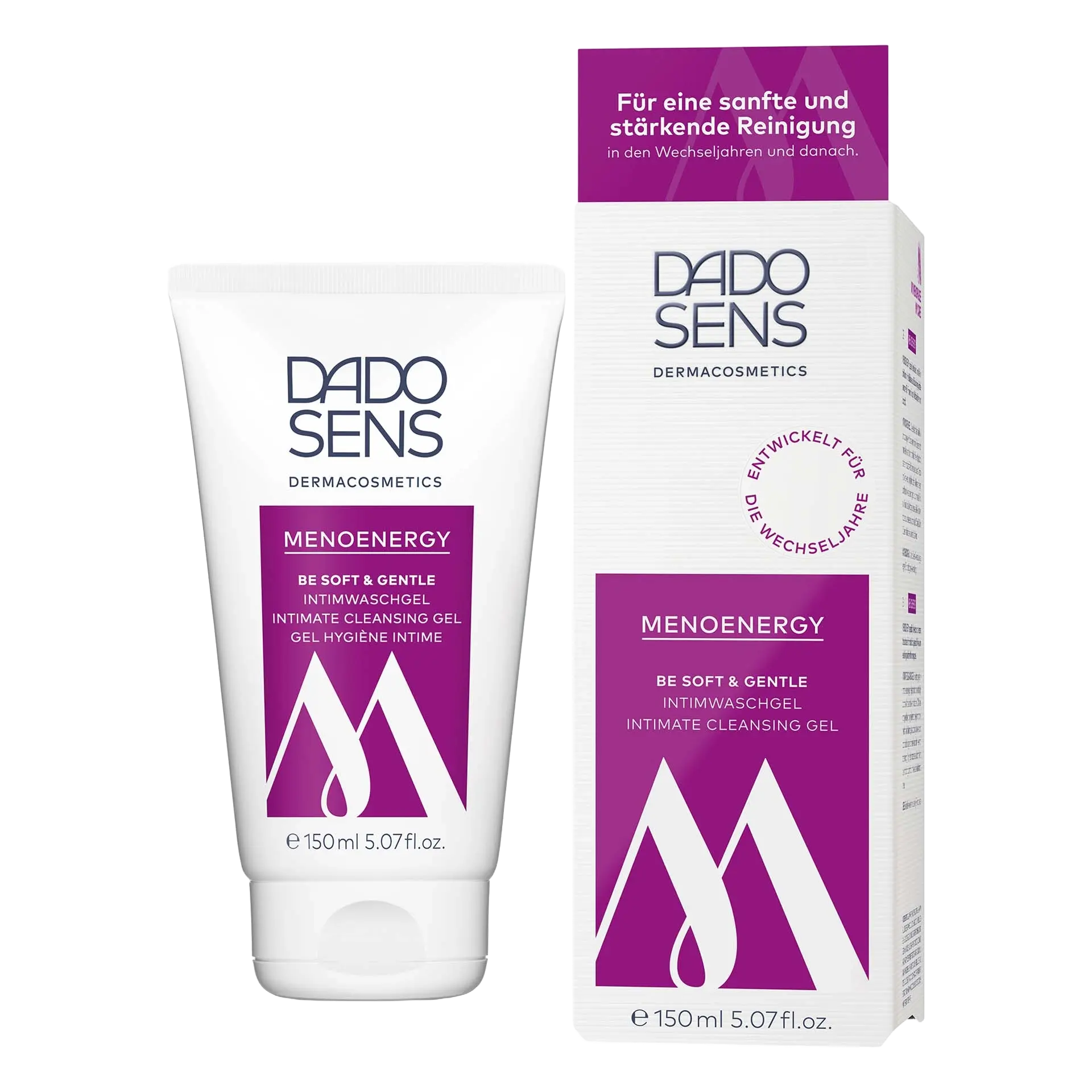 DADO SENS MENOENERGY Intimwaschgel 150 ml für tägliche Reinigung, weiße Tube mit Faltschachtel mit Lila Aufschrift