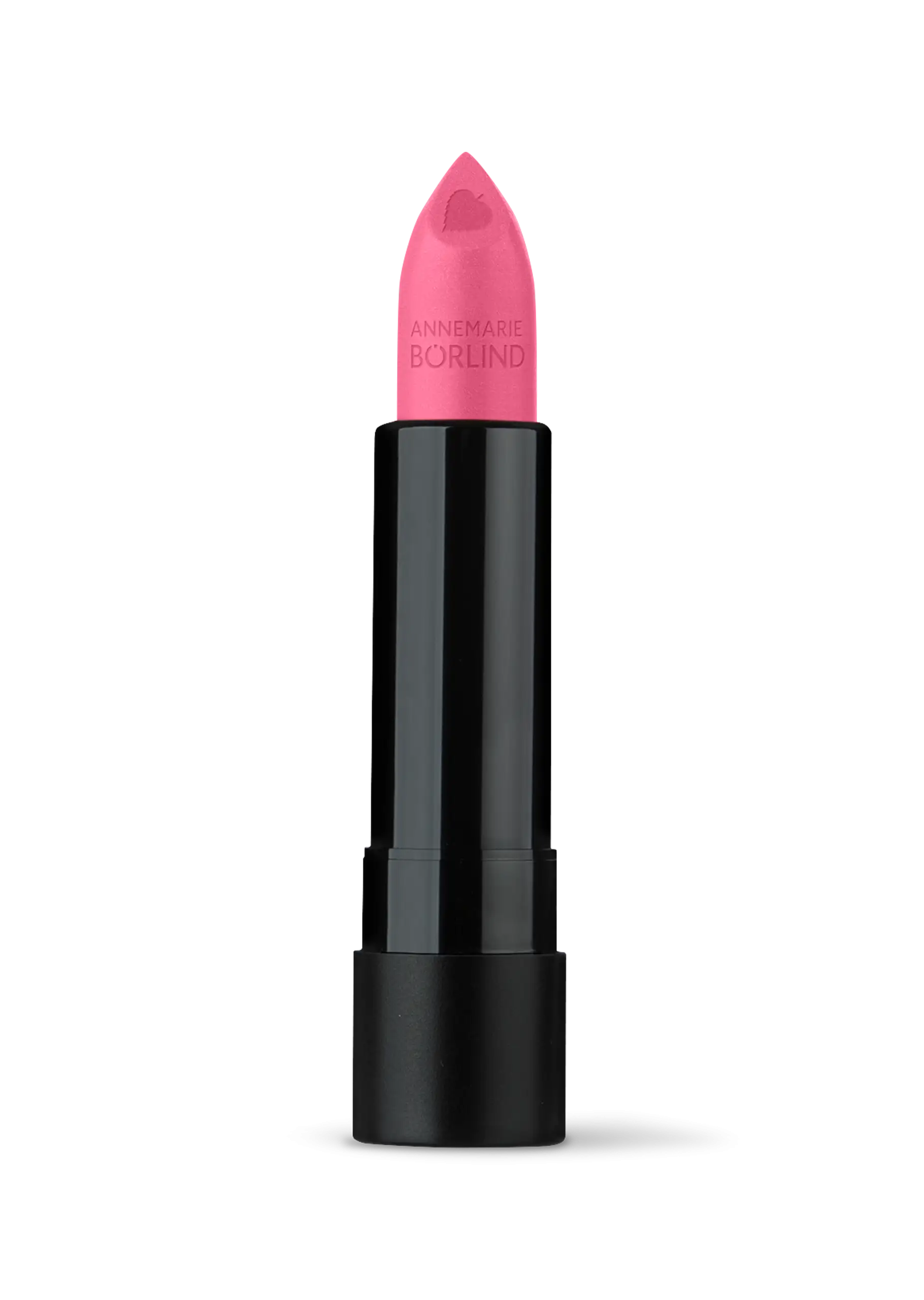 ANNEMARIE BÖRLIND Lippenstift in Hot Pink mit Herzprägung, schwarzes Gehäuse, 4g, offen