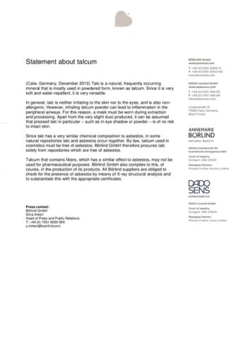 Textseite mit Informationen zu Talkum, dessen Eigenschaften und Sicherheitsbewertung von ANNEMARIE BÖRLIND und DADO SENS
