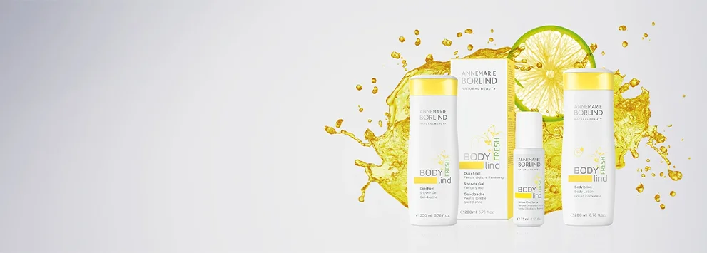 ANNEMARIE BÖRLIND BODY lind FRESH Duschgel, Body Lotion und Deo mit Limettenmotiv und Spritzern