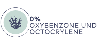 Symbol mit Koralle und Schriftzug "0 % OXYBENZONE UND OCTOCRYLENE" auf hellem Hintergrund