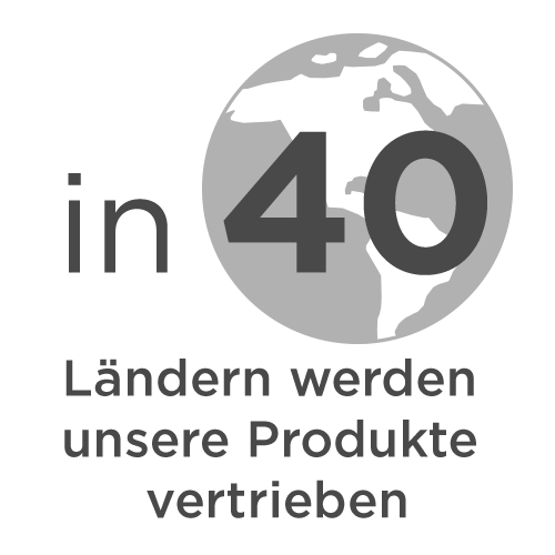 Weltkugel mit Zahl 40 und Text „in 40 Ländern werden unsere Produkte vertrieben“ in schwarzer Schrift