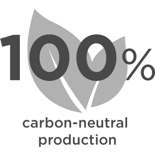 100% carbon-neutrale Produktion mit zwei stilisierten Blättern im Hintergrund