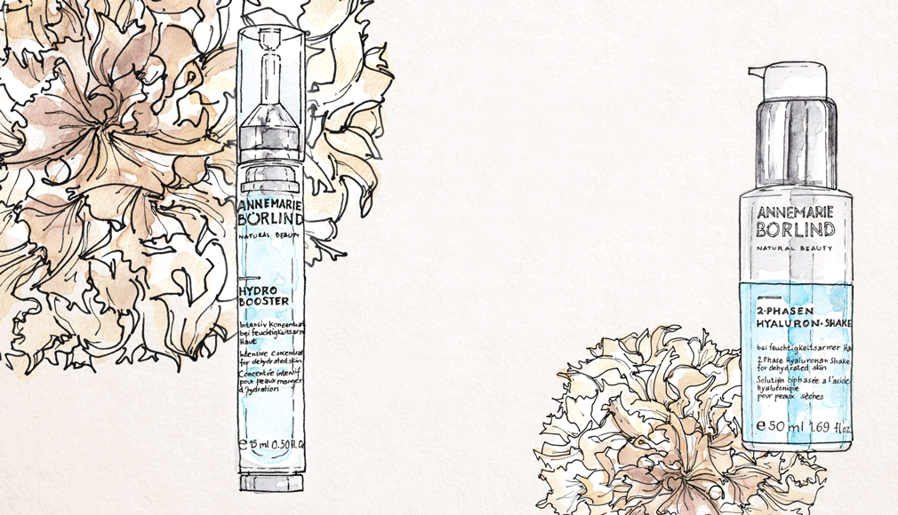 ANNEMARIE BÖRLIND HYDRO BOOSTER und 2-PHASEN HYALURON-SHAKE mit floralen Illustrationen