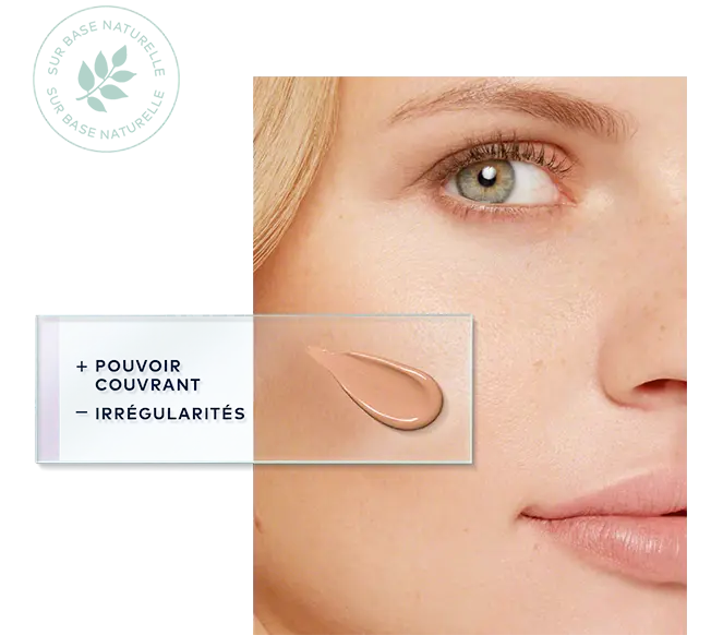 Gesichtshälfte einer Frau mit hellem Teint, daneben ein Concealer-Tropfen und Text zu Deckkraft und Hautunregelmäßigkeiten
