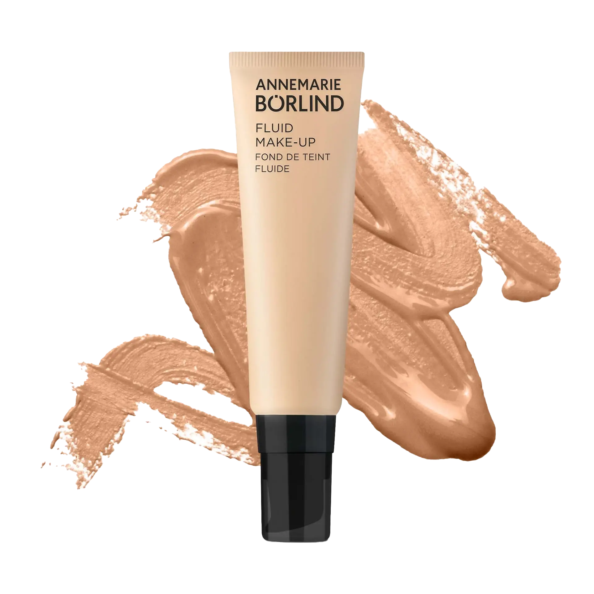 FLUID MAKE-UP HAZEL ANNEMARIE BÖRLIND Fluid Make-up in Beige mit schwarzem Verschluss vor Make-up-Swatch in hellem Braun