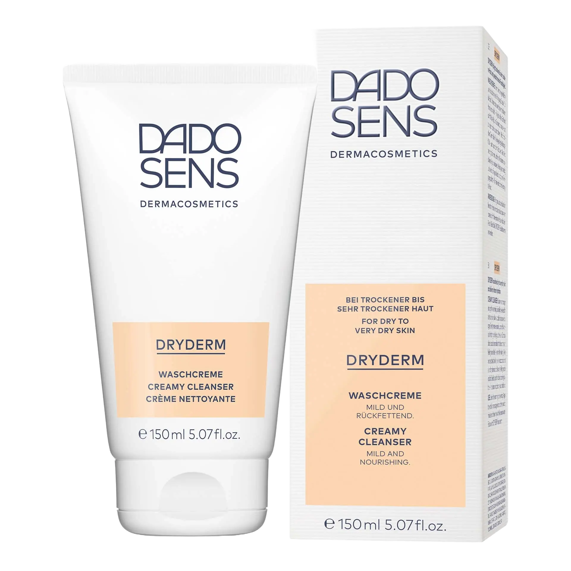 DADO SENS DRYDERM Waschcreme 150 ml für tägliche sanfte Reinigung, weiße Tube und Faltschachtel mit hellorangenem Aufdruck