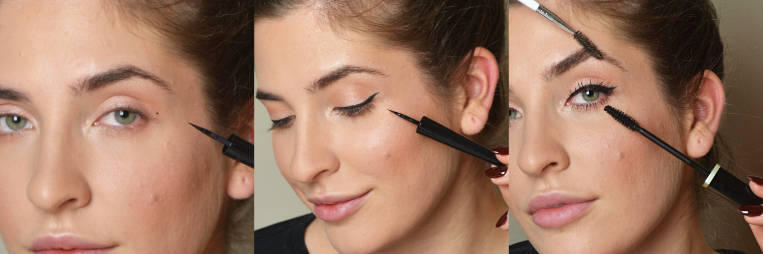 Frau trägt flüssigen Eyeliner auf, zeigt fertigen Lidstrich und hält Mascara-Bürste an Wimpern