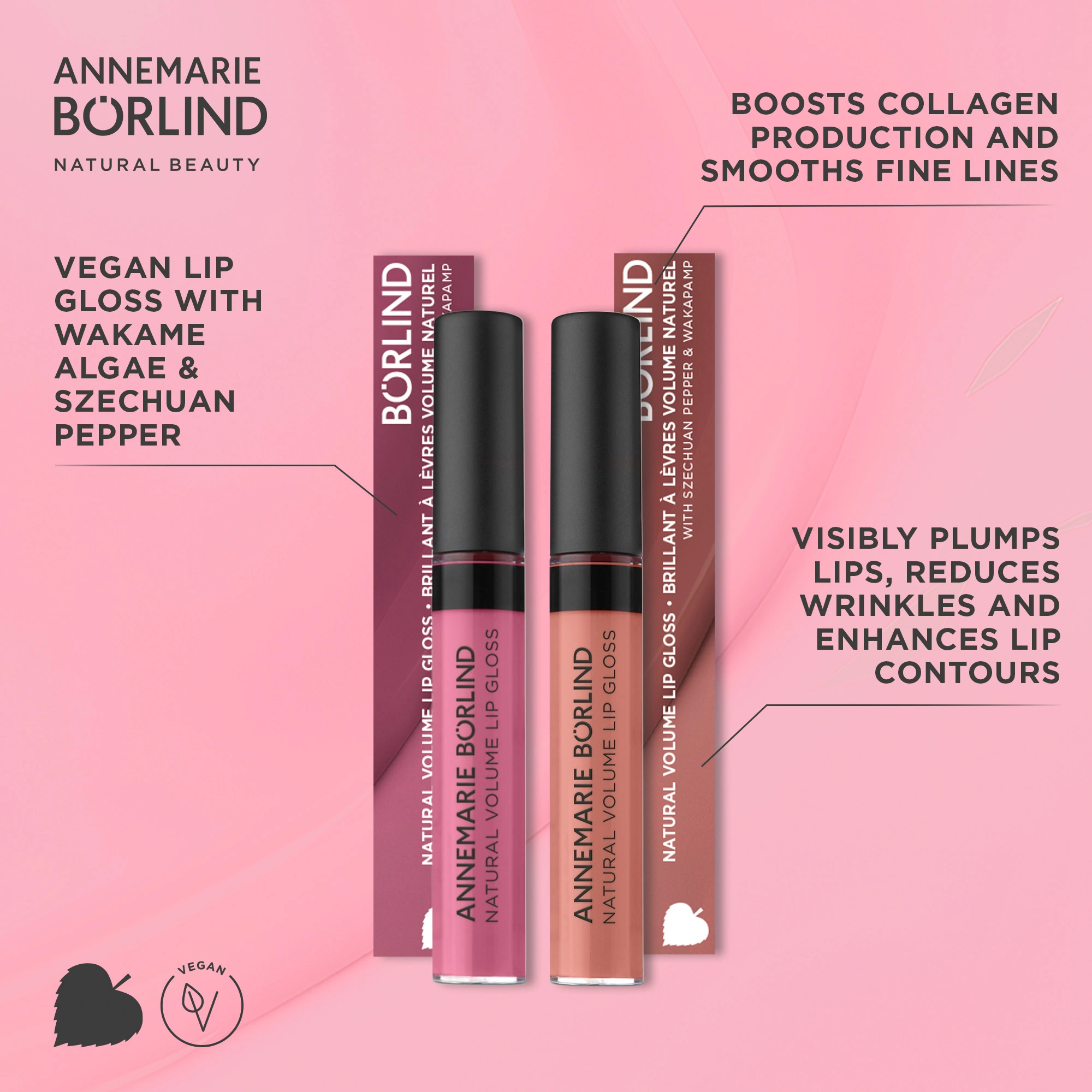 ANNEMARIE BÖRLIND veganer Natural Volume Lip Gloss in Rosa und Nude mit Wakame-Alge und Szechuan-Pfeffer