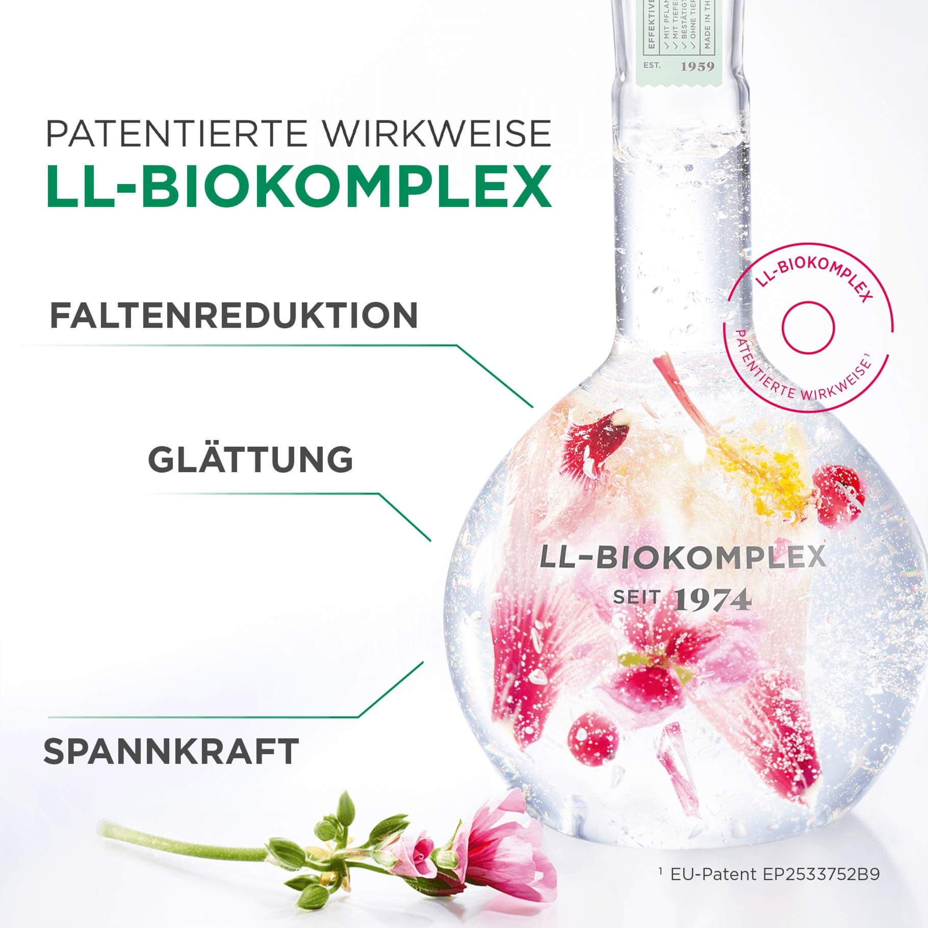 Glaskolben mit pinken Blüten im Wasser, Text zu patentiertem LL-BIOKOMPLEX für Faltenreduktion, Glättung, Spannkraft