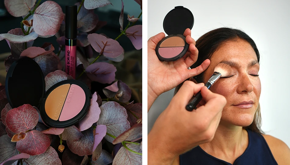 Herbst Make-up Look mit 2in1 Bronzer & Blush in warmen Farben, Frau bekommt Make-up aufgetragen