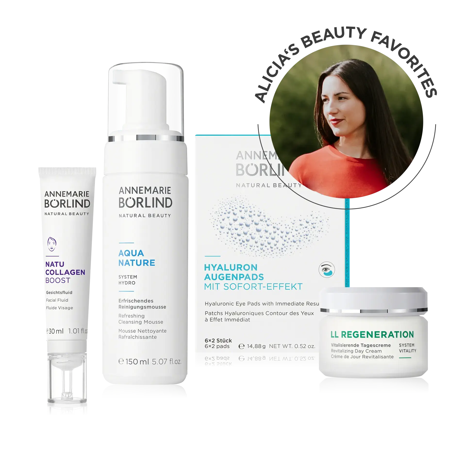 Le kit de soins d'Alicia ANNEMARIE BÖRLIND Pflegeset mit NATU COLLAGEN Boost, AQUA NATURE Reinigung, Hyaluron Augenpads und LL REGENERATION Creme