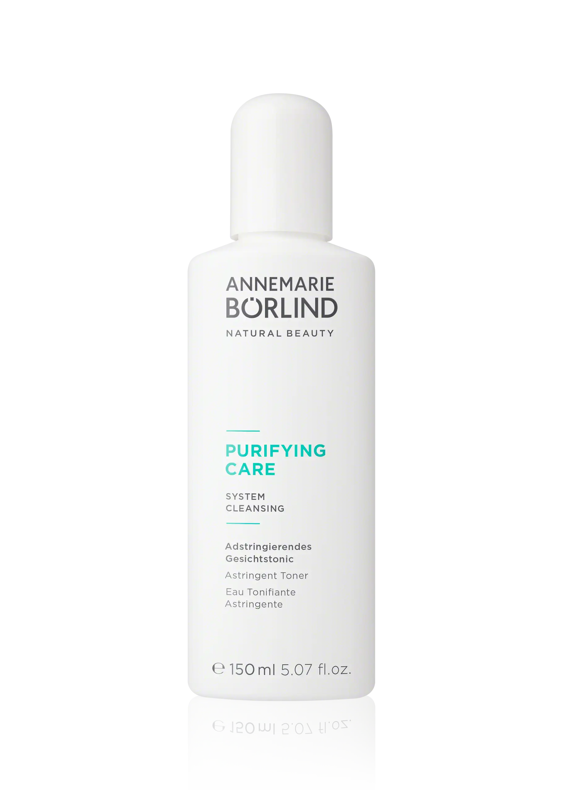 Adstringierendes Gesichtstonic ANNEMARIE BÖRLIND PURIFYING CARE adstringierendes Gesichtstonic in weißer 150-ml-Flasche vor schwarzem Hintergrund