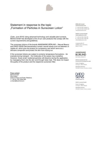 Textseite mit Informationen zur Partikelbildung in Sonnenlotionen der Marken ANNEMARIE BÖRLIND und DADO SENS, Firmenkontak...