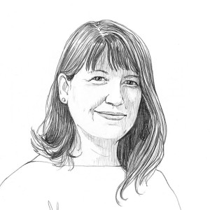 Porträtzeichnung einer Frau mit schulterlangen Haaren und leichtem Lächeln, frontal dargestellt