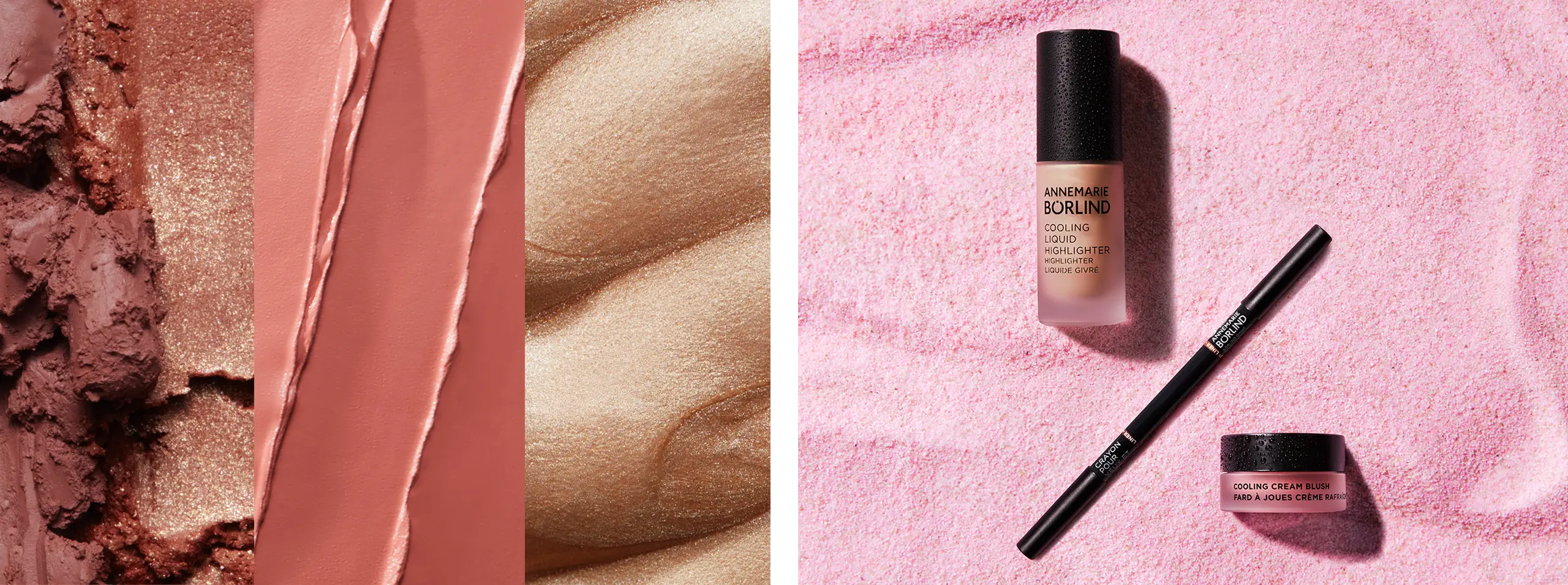 ANNEMARIE BÖRLIND Cooling Liquid Highlighter, Cream Blush und Kajalstift auf rosa Puder mit Texturproben