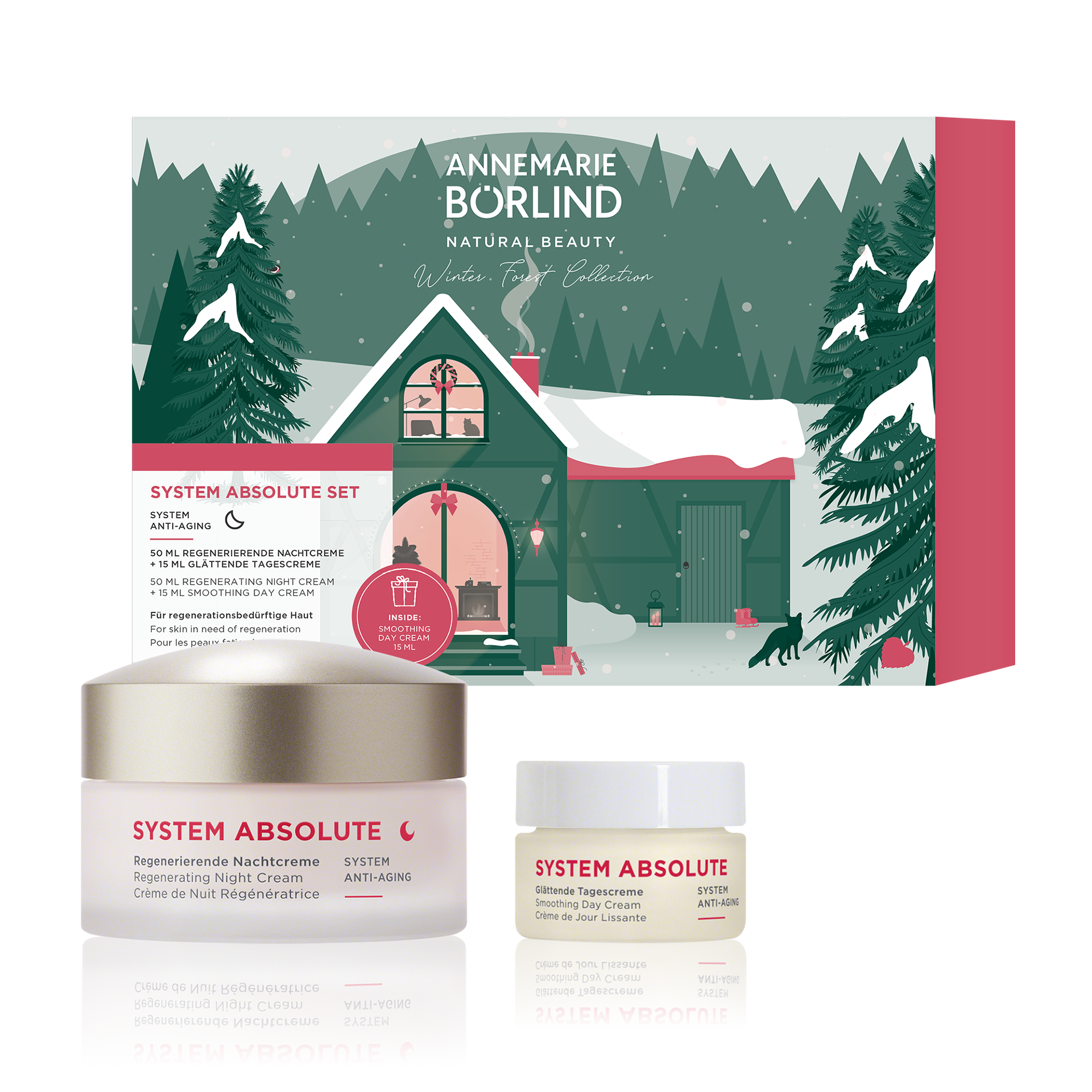 Night Care Set SYSTEM ABSOLUTE Nachtcreme und Tagescreme vor winterlicher Haus-Illustration von ANNEMARIE BÖRLIND
