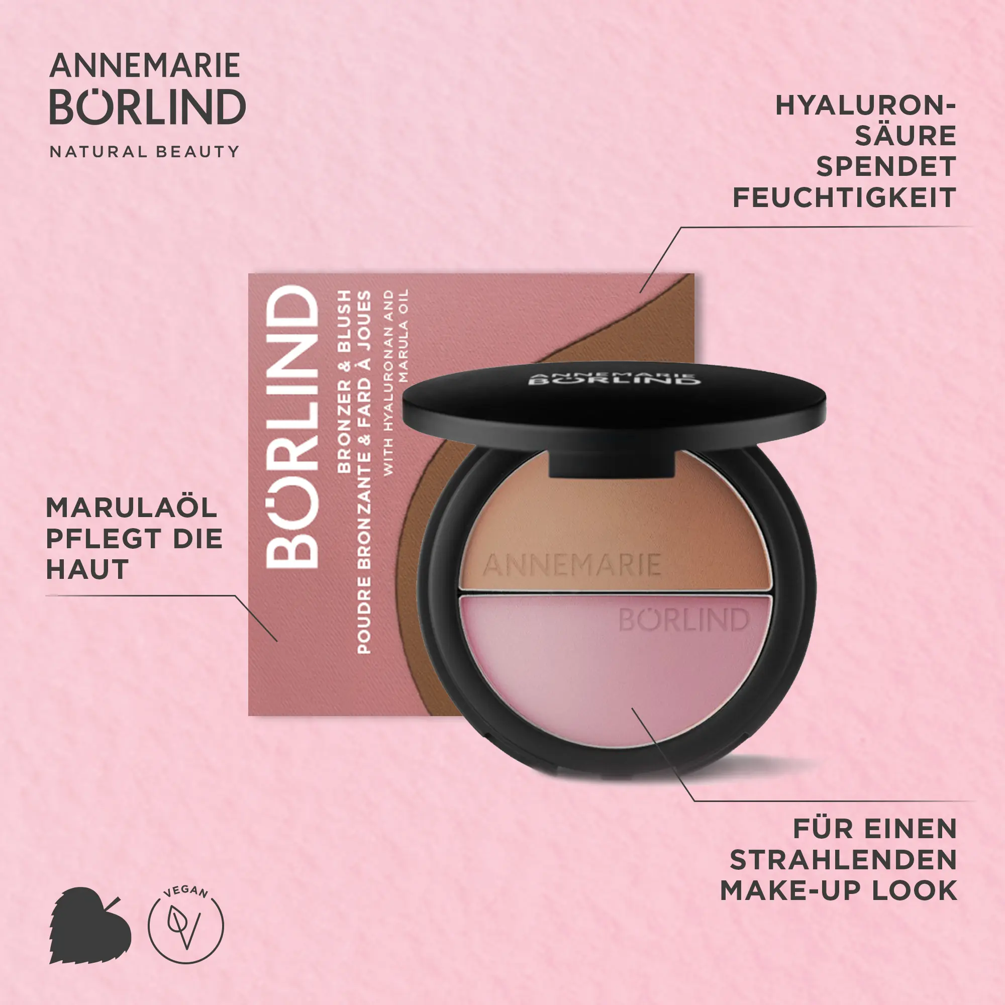 USP-Grafik zum ANNEMARIE BÖRLIND 2IN1 BRONZER & SOFT BLUSH mit Vorteilen wie Hyaluronsäure für Feuchtigkeit, Marulaöl zur Pflege und veganer Naturkosmetik, Produkt und Verpackung auf rosa Hintergrund