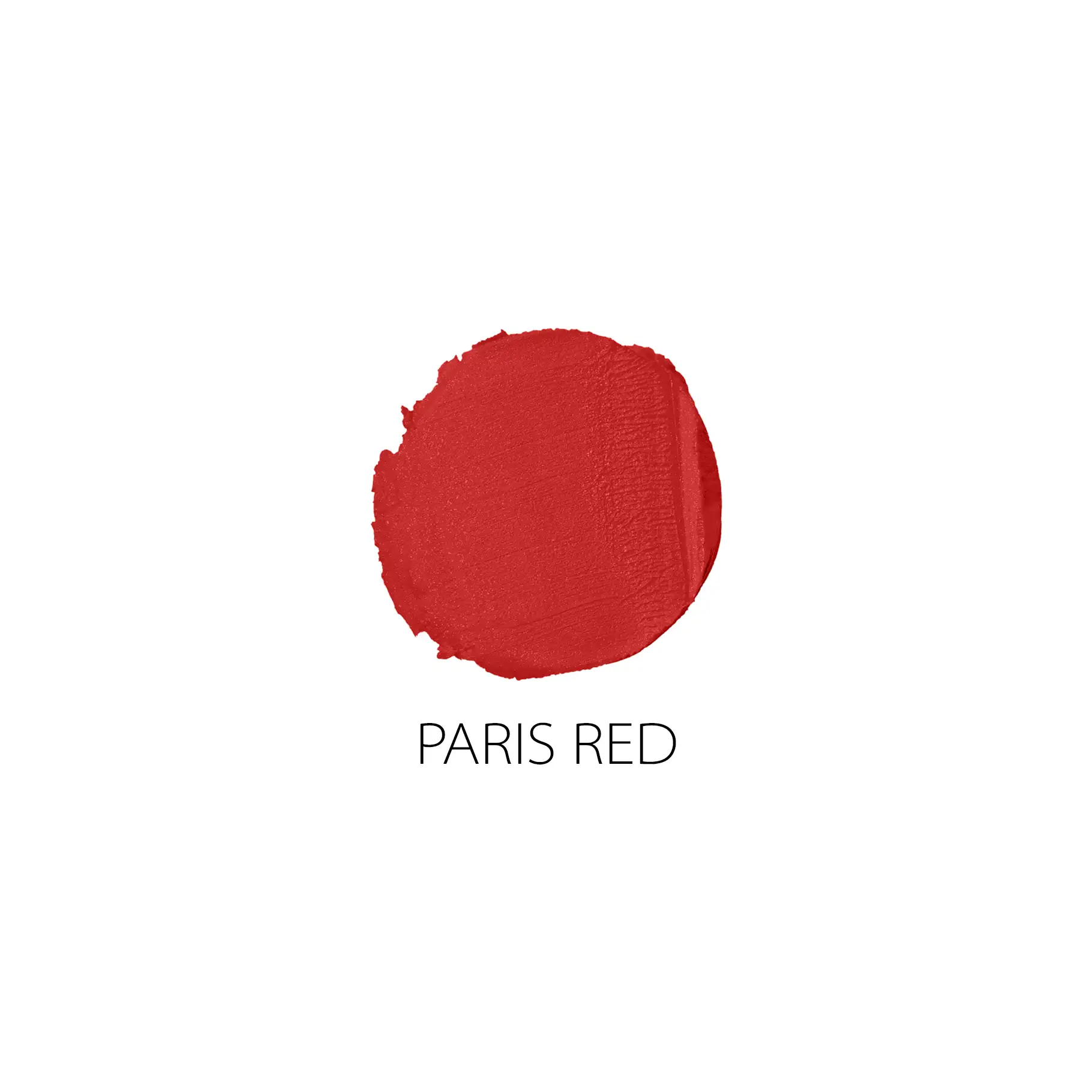 Roter Lippenstift-Farbton „PARIS RED“ als runde Textur auf weißem Hintergrund