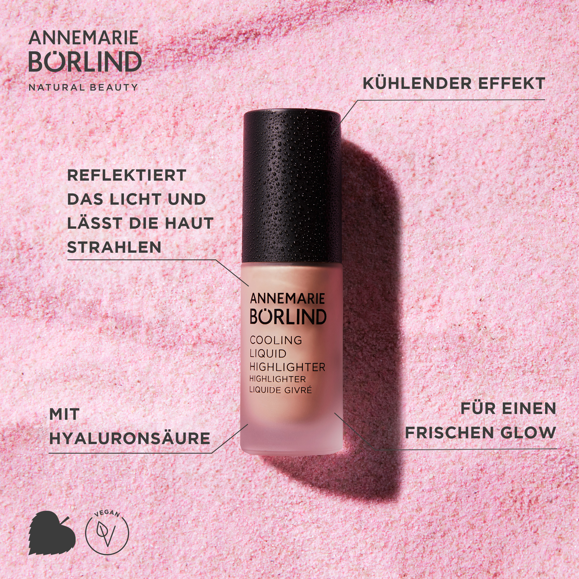 ANNEMARIE BÖRLIND Cooling Liquid Highlighter mit kühlendem Effekt und Hyaluronsäure auf rosa Hintergrund