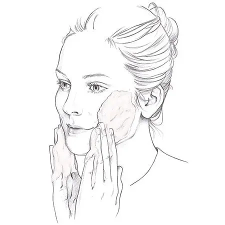 Make-up empfindliche Haut Schwarz-weiße Zeichnung einer Frau mit hochgestecktem Haar, die ihr Gesicht mit beiden Händen reinigt – sanfte Gesichtsreinigung bei empfindlicher Haut.