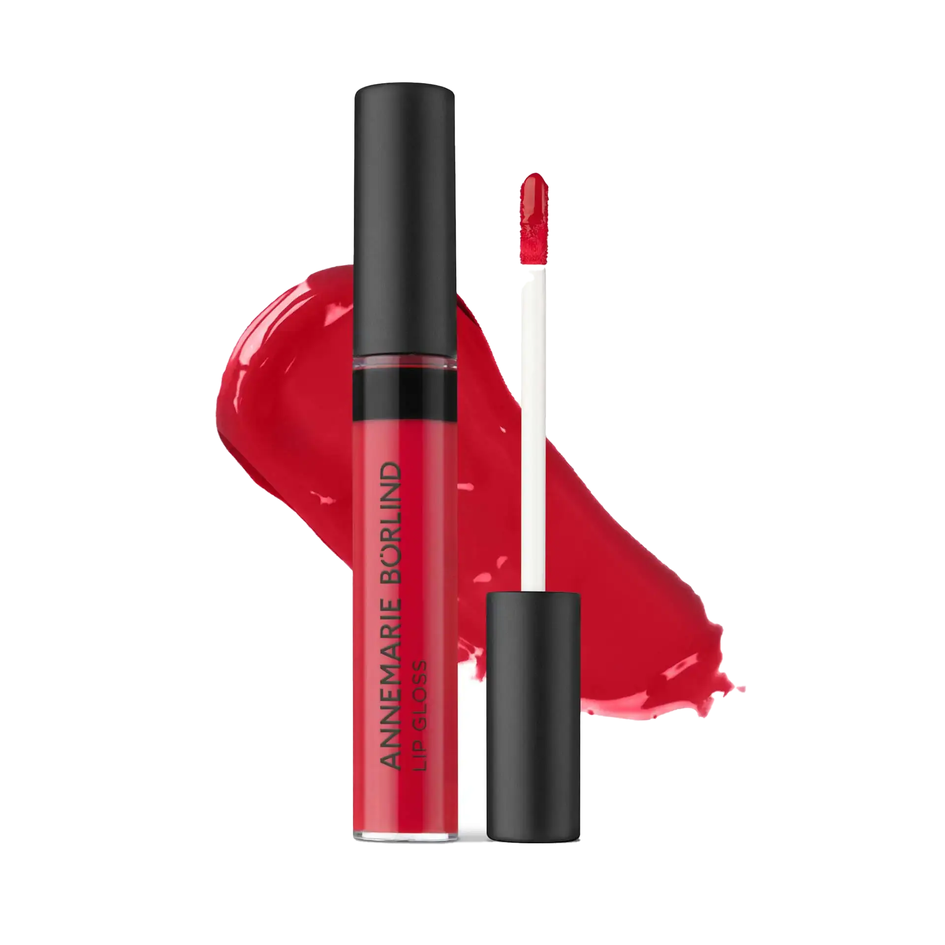 BRILLANT À LÈVRES RED ANNEMARIE BÖRLIND Lip Gloss in Rot mit Applikator vor rotem Gloss-Fleck auf weißem Hintergrund