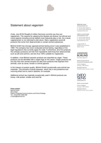 Textseite mit Informationen zu veganen Produkten von BÖRLIND und DADO SENS, Firmenkontakt und Markenlogos