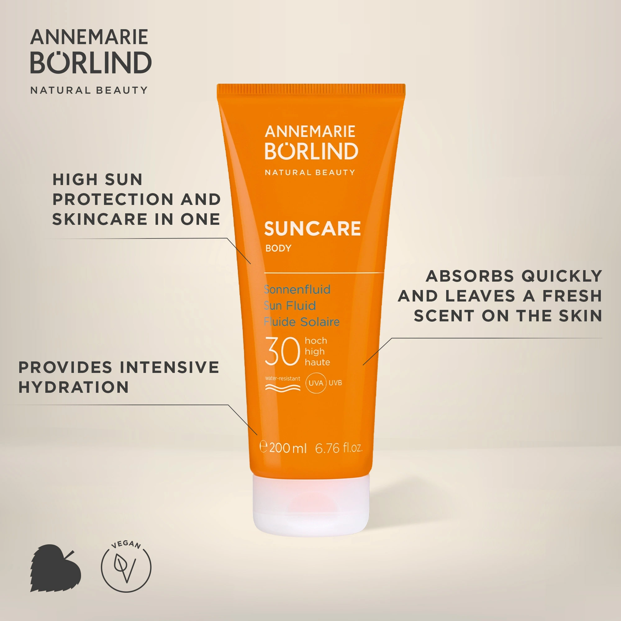 ANNEMARIE BÖRLIND Suncare Body Sonnenfluid LSF 30, 200 ml, wasserfest, vegan, schnelle Aufnahme