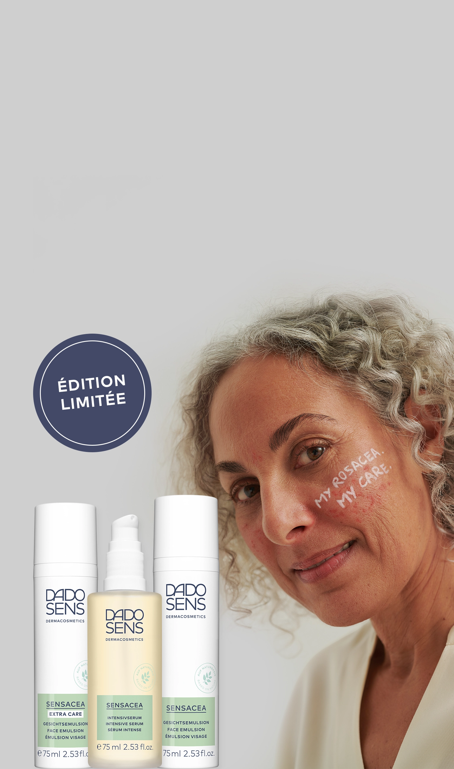 DADO SENS SENSACEA Gesichtsemulsion und Intensivserum mit limitierten Edition, Frau mit Rosazea