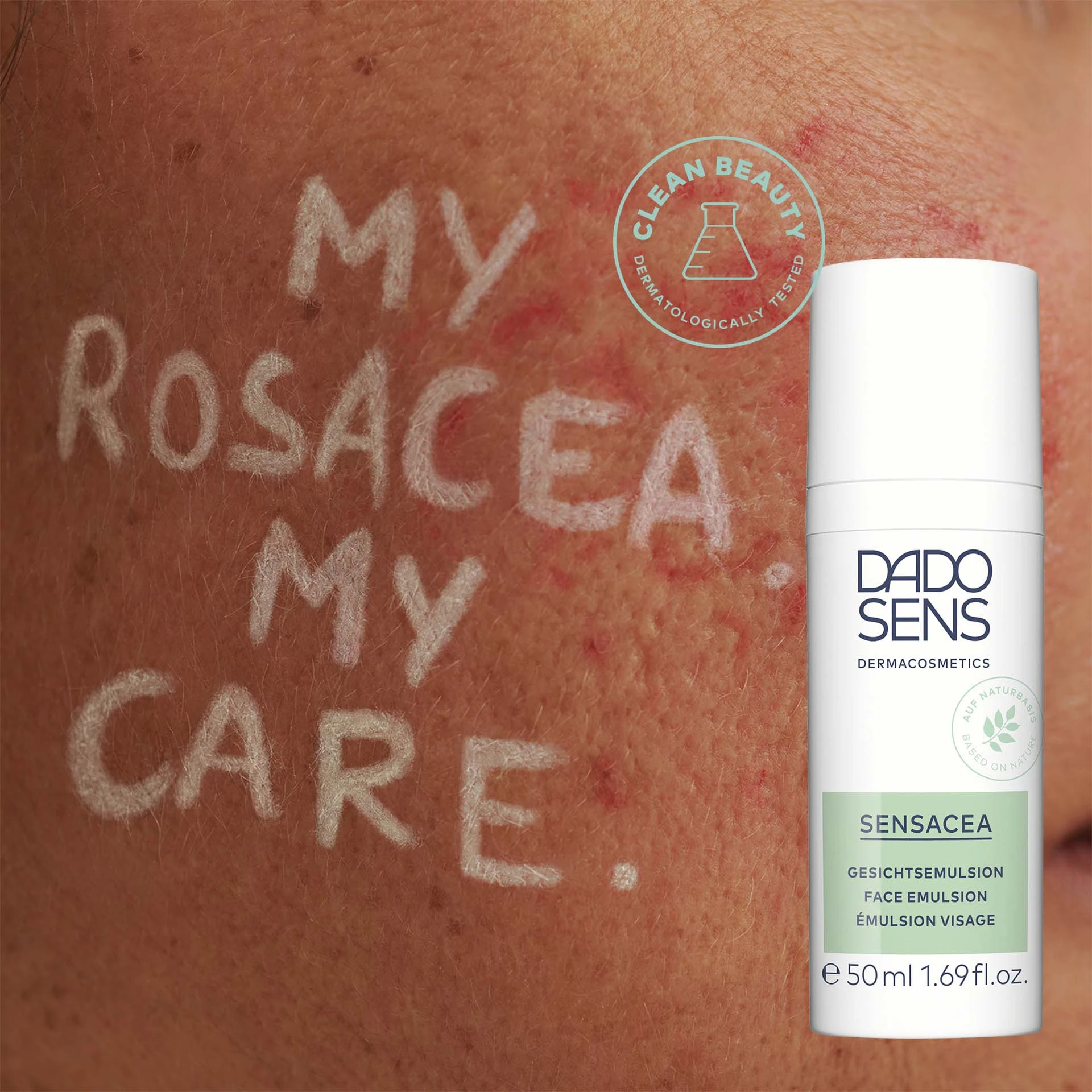 DADO SENS SENSACEA Gesichtsemulsion vor geröteter Haut mit Text "My Rosacea, My Care" und Clean Beauty Siegel
