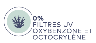 Symbol mit Koralle und Text "0 % UV-Filter Oxybenzone und Octocrylene" auf weißem Hintergrund
