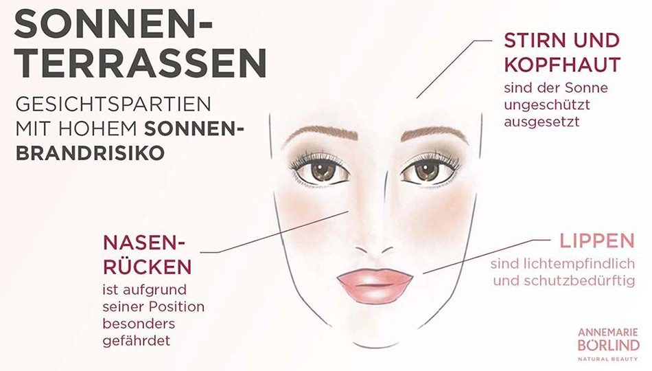 Tipps gegen Sonnenbrand Infografik mit gezeichnetem Gesicht zeigt besonders sonnenbrandgefährdete Gesichtspartien: Stirn und Kopfhaut, Nasenrücken und Lippen.